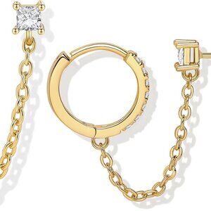 Elegant 18K Gold Plated Sterling Silver Double Piercing Chain Earrings with Cubi
